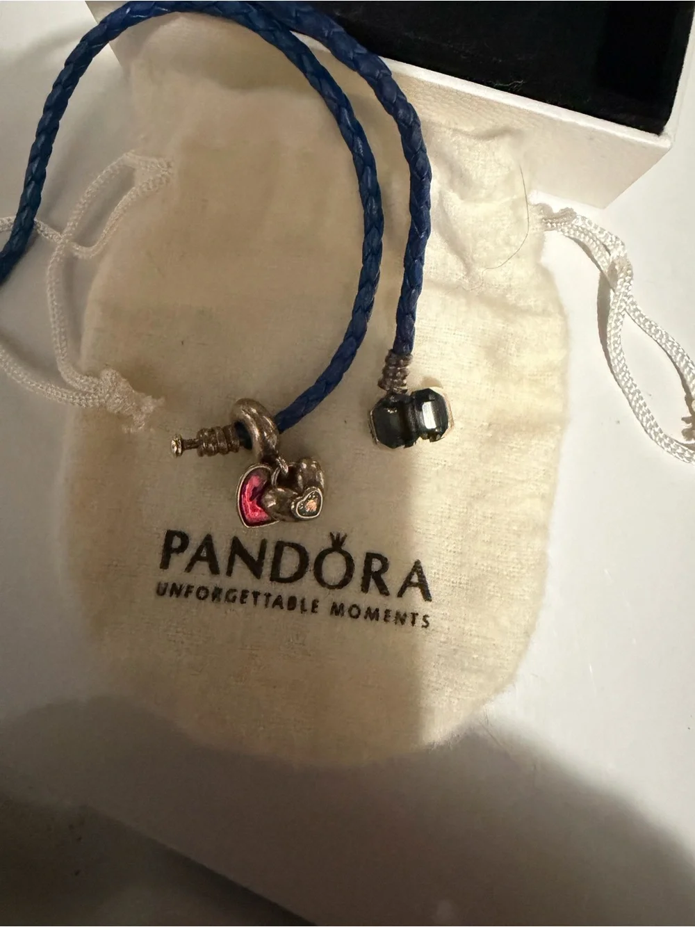 Pandora Blue Braided Leather Bracelet with Red Heart Charm and Silver Accent